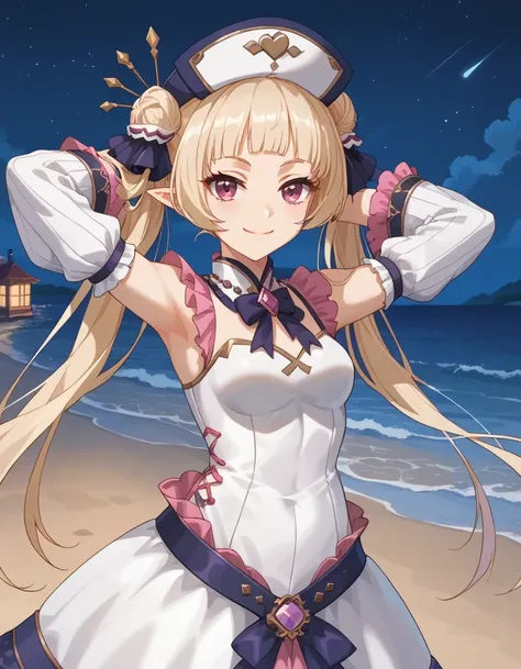 YukiNurse, blond hair, hair bun, hair ornament, hat, bare shoulders, frilled sleeves, white dress, wide sleeves, frills, game screencap, shiny skin, high quality, solo, night sky, beach, arms behind head, ((contrapposto)), closed mouth, cowboy shot, lookin...