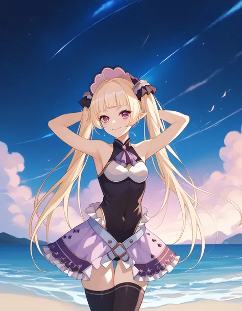 YukiAstrum, game screencap, blond hair, twintail, long hair, black leotard, sleeveless, frilled skirt, purple skirt, black thighhighs, bare shoulders, blunt bangs, shiny skin, high quality, solo, night sky, beach, armpits, (hands behind head), ((contrappos...