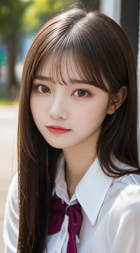 (beautiful girl、cute face、staring at the viewer:1.3)、top quality,8K image、 perfect double eyelids、happy、natural color makeup、Moist lips、white skin、(straight hair、medium hair、straight hair, Strongly Blurred White Background 、high school uniform、summer、blous...