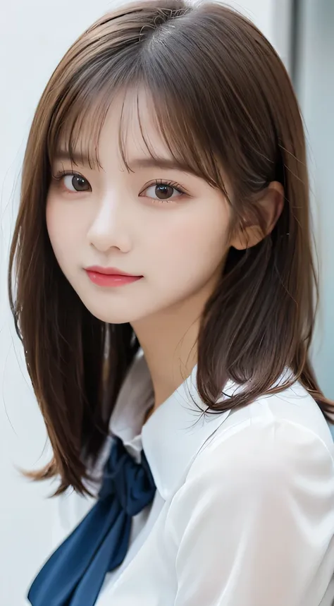 (beautiful girl、cute face、staring at the viewer:1.3)、top quality,8K image、 perfect double eyelids、happy、natural color makeup、Moist lips、white skin、(straight hair、medium hair、straight hair, Strongly Blurred White Background 、high school uniform、summer、blous...