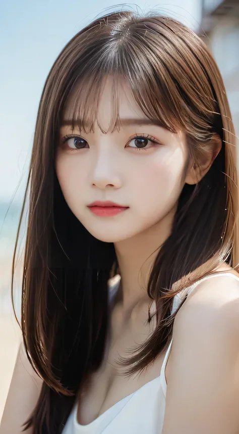 (beautiful girl、cute face、staring at the viewer:1.3)、top quality,8K image、 perfect double eyelids、happy、natural color makeup、Moist lips、white skin、(straight hair、medium hair、straight hair, Strongly Blurred White Background 、camisole、summer:1.3),