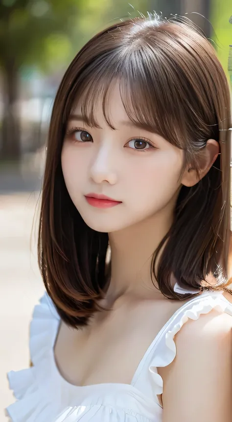 (beautiful girl、cute face、staring at the viewer:1.3)、top quality,8K image、 perfect double eyelids、happy、natural color makeup、Moist lips、white skin、(straight hair、medium hair、straight hair, Strongly Blurred White Background 、camisole、 frill、 frill、summer:1....