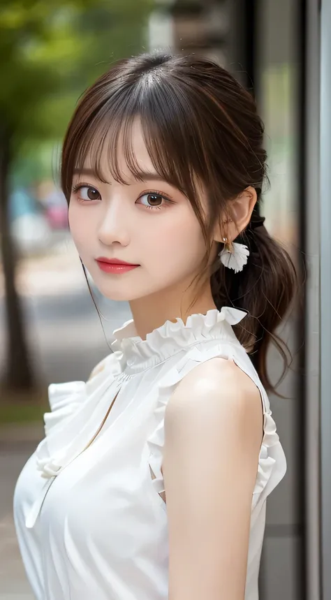 (beautiful girl、cute face、staring at the viewer:1.3)、top quality,8K image、 perfect double eyelids、happy、natural color makeup、Moist lips、white skin、(low ponytail、 Strongly Blurred White Background 、blouse、 frill、sleeveless:1.3),summer