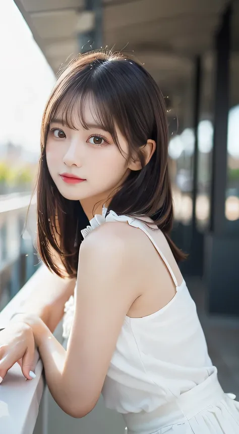 (beautiful girl、cute face、staring at the viewer:1.3)、top quality,8K image、 perfect double eyelids、happy、natural color makeup、Moist lips、white skin、(straight hair、medium hair、straight hair, Strongly Blurred White Background 、camisole、 frill、 frill、Midi Skir...