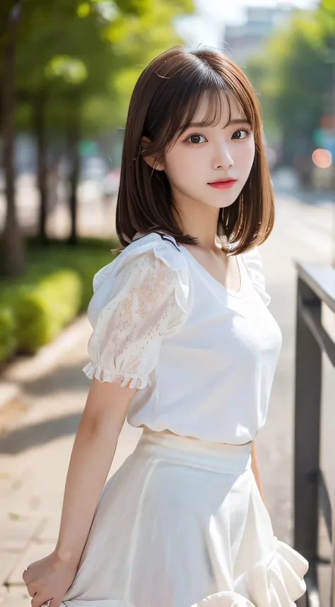 (beautiful girl、cute face、staring at the viewer:1.3)、top quality,8K image、 perfect double eyelids、happy、natural color makeup、Moist lips、white skin、(straight hair、medium hair、straight hair, Strongly Blurred White Background 、camisole、 frill、 frill、Midi Skir...