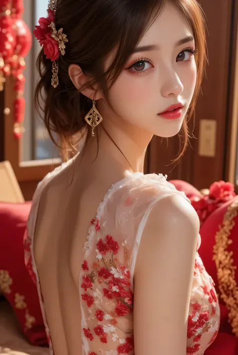 Cat ears、 face up、((( Lying in Bed))) attractive, pretty girl, ponytail、 (( fine facial features , eroticism)), dramatic lighting , realistic , 8k, Dramatic Shadows , intricate and elaborate patterns , super detailed photo ...