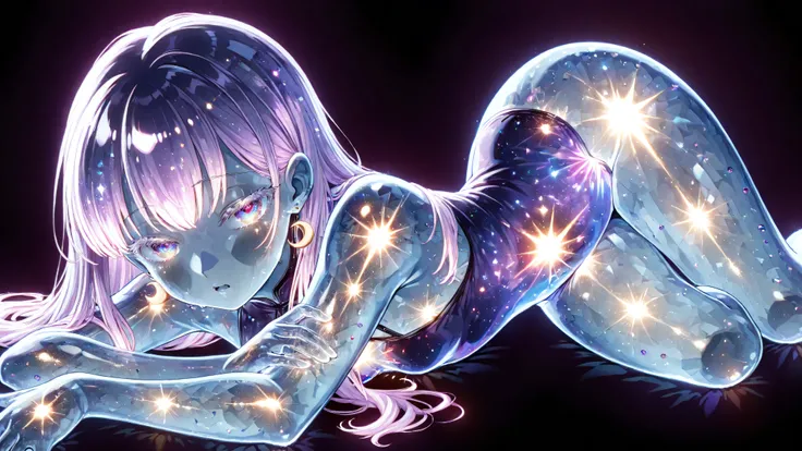 1 girl, masterpiece, high resolution, top quality, Textured skin, sprawled, lying down, lying on vantablack space, about 20 years old, Boyish, plump skin, glowing skin, only one, white and purple gradation hair, white eyelashes, small breasts, painful expr...