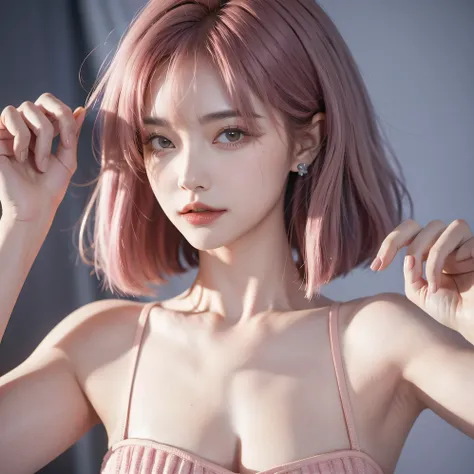 Make a image for novel,bangs hair,pose, looking at viewer, unique,celebrity,sexy,flat chest,woman,pink hair, close up photo, modern theme, Billionaire.