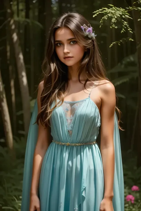 A dreamy landscape unfolds: a solitary girl with flowing hair and ethereal gown, set against a kaleidoscope of wildflowers and towering trees, bathed in soft moonlight that casts an otherworldly glow on her tranquil face. In the distance, stars twinkle lik...