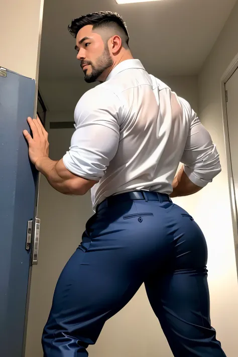 40-year-old boy Japanese muscular male in transparent white formal shirt......... short haired, bearded, wearing navy dark blue shiny trouser ...........gooning seductive expression.................... dripping on body and pants...................., archin...