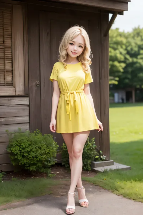 Perfect composition, Proper placement, Golden Ratio, masterpiece, best quality, high definition , one Girl, Cute (Girl:(loli:1.5), full body focus, full body shot, view the viewer, smiling, standing, yellow short sleeves Micro sundress, Anatomically ...