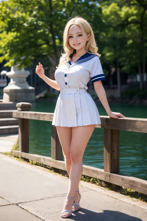 Perfect composition, Proper placement, Golden Ratio, masterpiece, best quality, high definition , one Girl, Cute (Girl:(loli:1.5), full body focus, full body shot, view the viewer, smiling, standing, Wearing a Japanese High School Sailor Suit:1.331, W...