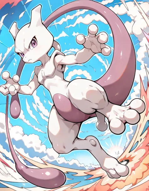 (dynamic angle,dynamic jumping pose:1.3),(sideview+++),(looking at viewer:1.3),mewtwo(pokemon),lineart,Terrastal style, misterious Pokemon Center, Colorful Universe, color background,beautiful scenery, manga style,illustration,