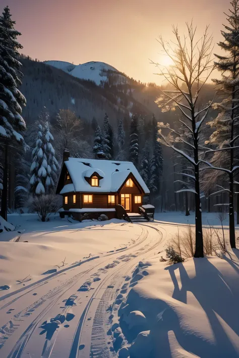 painting of a snowy landscape with a house and trees, winter painting, winter setting, inspired by Evgeny Lushpin, cold sunset, 2 0 2 1 award winning painting, 2021 award winning painting, painting of, sunset glow, 2 0 2 0 award winning painting, inspired ...