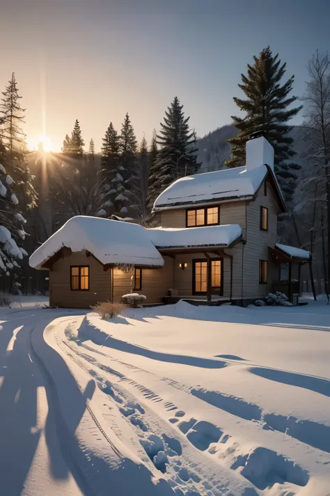 painting of a snowy landscape with a house and trees, winter painting, winter setting, inspired by Evgeny Lushpin, cold sunset, 2 0 2 1 award winning painting, 2021 award winning painting, painting of, sunset glow, 2 0 2 0 award winning painting, inspired ...