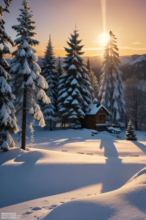 painting of a snowy landscape with a house and trees, winter painting, winter setting, inspired by Evgeny Lushpin, cold sunset, 2 0 2 1 award winning painting, 2021 award winning painting, painting of, sunset glow, 2 0 2 0 award winning painting, inspired ...