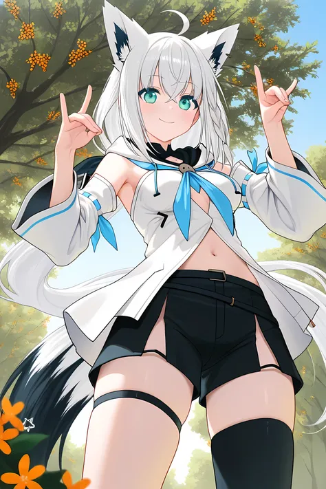 high quality,4K,8k, ultra-fine in 8K,HDR,UHD,Ultra Fine Art,Sharp Focus,Physically Based Rendering,Super Detail,professional,vibrant colors,bokeh,Outdoors,blue sky,Osmanthus tree,shirakami fubuki/Hololive,Fubuki_base, white blouse, detached sleeves, black ...