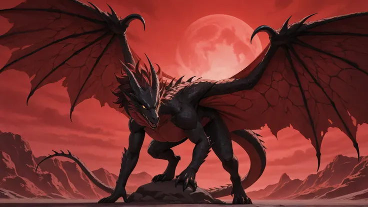 Armless wyvern, paws on the tips of its wings, black scales, piercing golden eyes with slit pupils, wide wings with red membranes, long pointed tail, imposing posture, red sky background, "anime art, HunterxHunter style, anime lines, anime features, perfec...