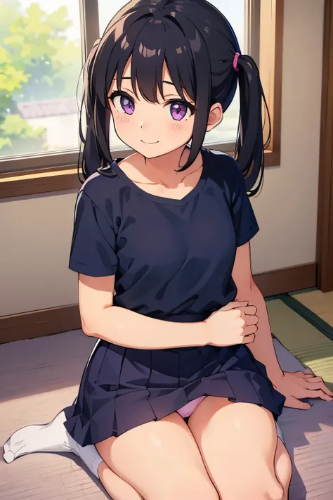 Elementary School Girl ８Toddler flat chest, black hair, twin tails, purple eyes, smile （（One person）） upper body, short sleeve, pink, spring-like blouse, lower body, navy blue miniskirt, white panties （（I can see my panties）） white socks, six-square tatami...