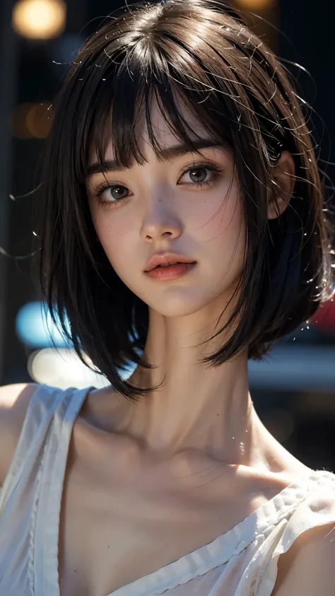 Cute 26 year old  ,1 girl,slim face ,8k,Super realistic image quality, dynamic shadows,Sparkling Eyes,Clear black eyes,  movie theater lighting,Dim Backstreet  ,   night  ,City Darkness ,suit, ((face close up:1.2)),(( no expression:1.4)),((Short bob with s...