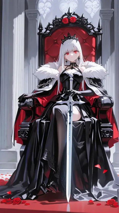 Masterpiece, Best Quality, Top Quality, Very Detailed, A powerful and alluring dark queen sits confidently on an ornate gothic throne, surrounded by towering stone pillars bathed in soft ethereal light. She wears an elegant black ensemble with intricate ar...