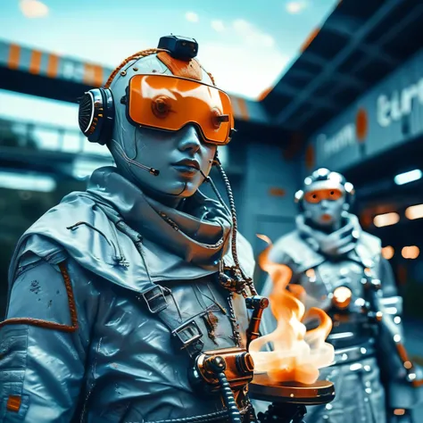 Two samurai warriors clash in the vastness of space, floating weightlessly with the aid of jet packs. Their astronaut suits are intricately designed to resemble ancient Japanese armor, blending futuristic technology with traditional warrior aesthetics. The...