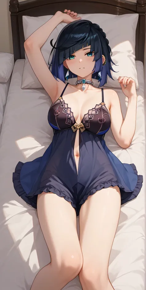 score_9, score_8_up, score_7_up, source_anime BREAK 1girl, solo, yelanXL, 1girl, solo, big breast, Wearing Black negligee, choker, bloomer), bed room, lay down on bed, pillow
