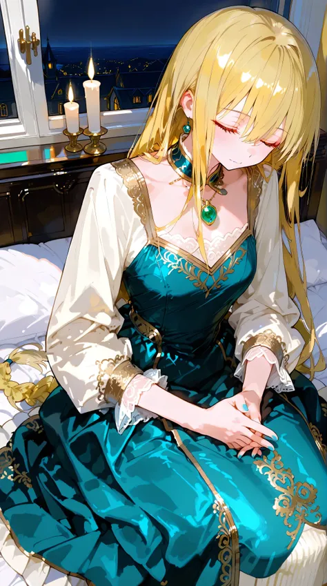 Masterpiece, Best Quality, Top Quality, Very Detailed, A beautiful noblewoman with long, elegant blonde hair braided neatly, sits peacefully in a warmly lit room at night. She wears an exquisite teal dress with golden embroidery and delicate lace details, ...