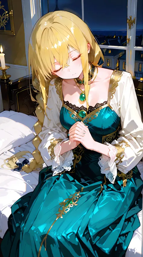 Masterpiece, Best Quality, Top Quality, Very Detailed, A beautiful noblewoman with long, elegant blonde hair braided neatly, sits peacefully in a warmly lit room at night. She wears an exquisite teal dress with golden embroidery and delicate lace details, ...