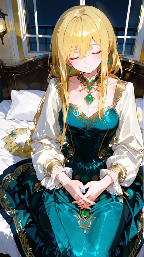 Masterpiece, Best Quality, Top Quality, Very Detailed, A beautiful noblewoman with long, elegant blonde hair braided neatly, sits peacefully in a warmly lit room at night. She wears an exquisite teal dress with golden embroidery and delicate lace details, ...