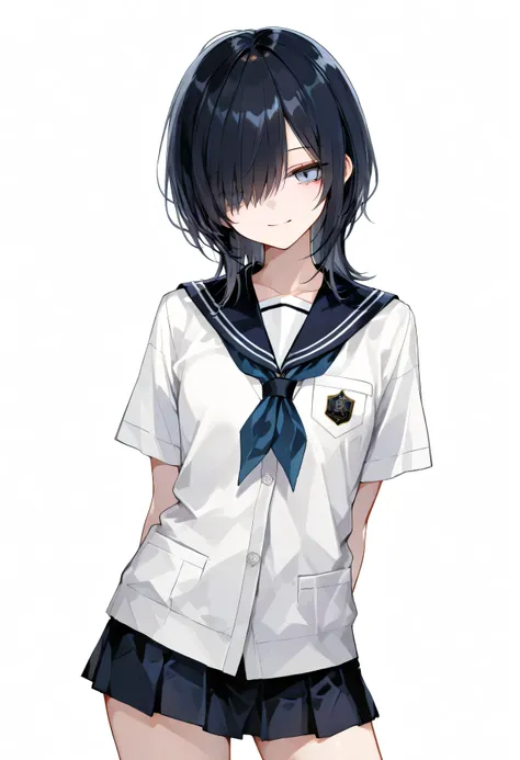 748cmstyle,white background,hair over one eye,tachi-e,cowboy shot,school uniform,Short Sleeves,arms behind back,light smile,black hair,light blue eyes,contrapposto,short skirt