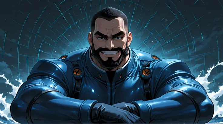 Giant Man, sturdy and muscular body, shaved hair, huge black beard, black eyes with thick and fierce pupils, thick eyebrows, fierce gaze with confident smile, full white marine superior suit, arms crossed, sea battle background, "anime art, HunterxHunter s...