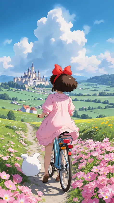 Girl with back to camera,with colored lollipops hanging from the handlebars,(((The camera is facing the 's back))),above an endless cloud,A huge candy castle,The castle is made of all kinds of candy,such as chocolate walls、fruit candy windows, etc.。clouds ...