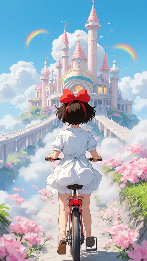 Girl with back to camera,with colored lollipops hanging from the handlebars,(((The camera is facing the 's back))),above an endless cloud,A huge candy castle,The castle is made of all kinds of candy,such as chocolate walls、fruit candy windows, etc.。clouds ...