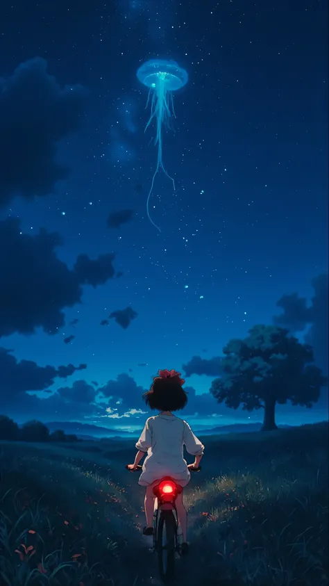 Girl with back to camera,Ride a bike,On the prairie at night,The tip of the grass shines shimmer,, a transparent luminescent creature in the shape of a jellyfish suspended in the sky,The outline of a giant cat bus vaguely appears on the horizon。
The back o...