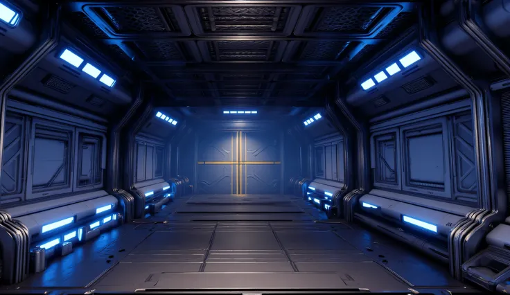 Apex Legends style,Sci-fi battle simulation room,Metallic walls with hexagonal grids,Neon blue lights and holograms,Reinforced glass wall as background,Cyberpunk futuristic training facility,Minimalistic but high-tech