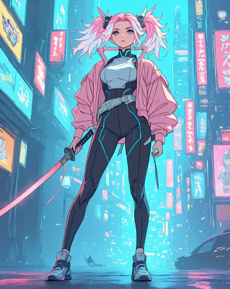 woman full body , pink hairs with white tips, 2 large duvets that move dynamically. The woman has futuristic clothes in a cyberpunk style / Neo Tokyo, A katana in hand, elle est dans une pose dynamique d'attaque. HD Detail , 4K, UHD