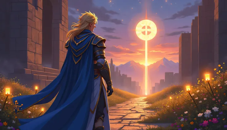 Kaelion wears a armor with flowing blue and gold-trimmed cloak stands at the entrance of an ancient temple, his cloak flowing gently in the wind. The stone path ahead is illuminated by glowing wildflowers and floating lanterns, creating a warm, golden glow...
