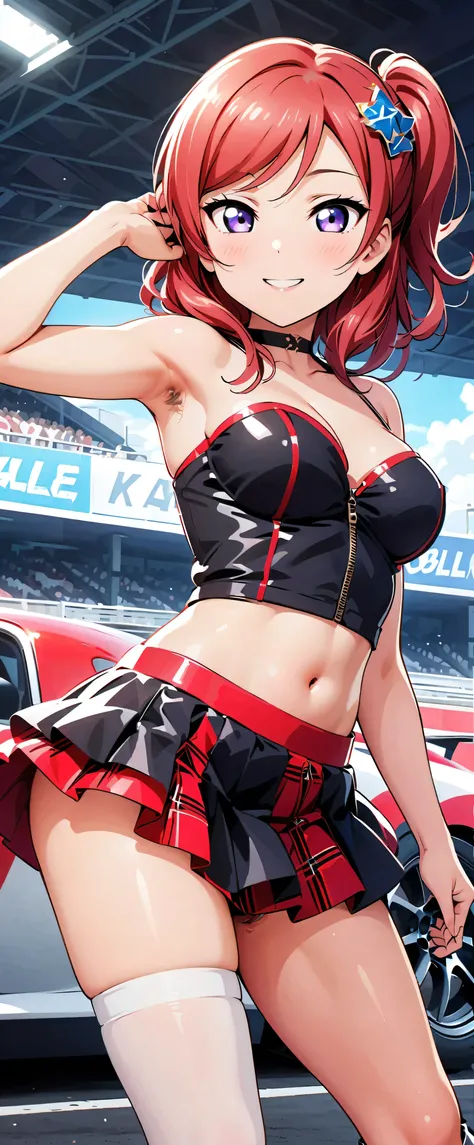 highest quality, Ultra High Resolution, One person, SMALLE BREASTS, black choker, smile, exposes shoulders, focus only , viewers,Fair skin,Car racing track,photon mapping, physical based rendering, RAW photos , very detailed background, K-pop Idol ,de...