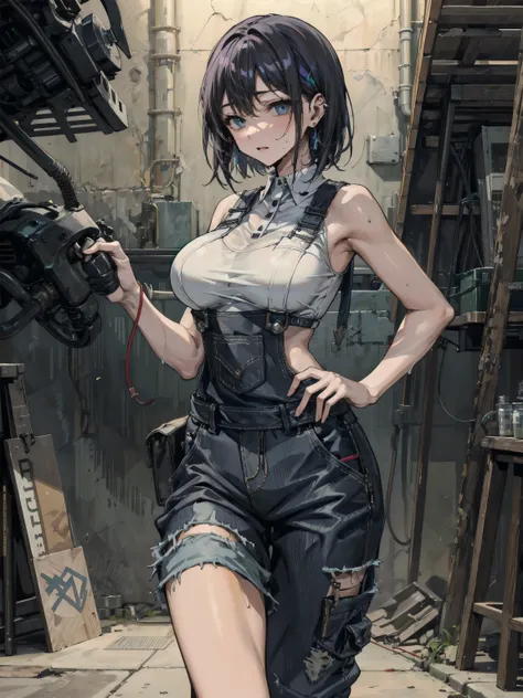 earring, large breasts, short hair, black hair, sexy, erotic, seductive, Sensual, adult body, sweat, cowboy shot, Mechanic girl, mechanic's overalls, sleeveless,