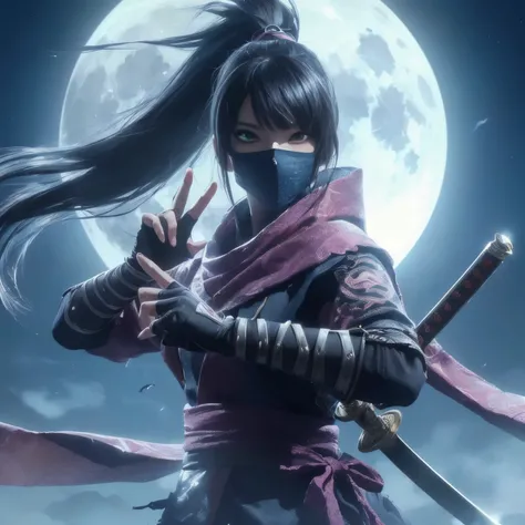 full moon background、close-up portrait of a person holding a sword, Mystical Ninja, Amazing anime 8k, Goth Ninja,  anime style 4k,  anime wallpaper 4k ,  anime wallpaper 4k , Akali, 4k anime wallpaper, Akali from league of legends, Kunoichi, MK Ninja, 4K M...