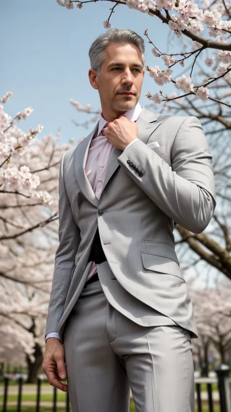 Outdoor Japanese Cherry Blossom Park Cherry Blossoms Blooming Flowing Cherry Blossoms Beautiful Romantic Background Pink White Beautiful environment! Water and fog!Best quality, masterpiece, ultra high res,detailed background,Alone,male,mature,only,Muscula...