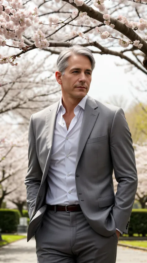 Outdoor Japanese Cherry Blossom Park Cherry Blossoms Blooming Flowing Cherry Blossoms Beautiful Romantic Background Pink White Beautiful environment! Water and fog!Best quality, masterpiece, ultra high res,detailed background,Alone,male,mature,only,Muscula...