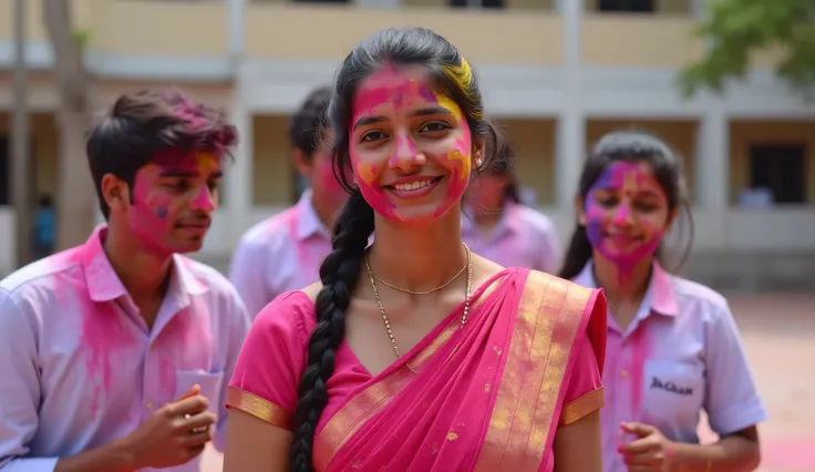 Indian teacher, wearing saree, 36 years old, indian teacher, long braided hair, play ground ,school building in the background,colors on her face and body, playing with 18 years old men ,wearing uniform ,clebrating holi and playing with colors