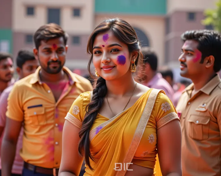 Indian teacher, wearing saree, 36 years old, indian teacher, long braided hair, play ground ,school building in the background,colors on her face and body, playing with 18 years old men ,wearing uniform ,clebrating holi and playing with colors