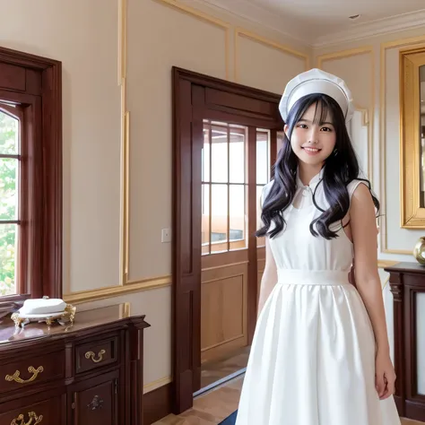 A breathtakingly beautiful 20-year-old woman stands in an opulent mansion room, dressed in a classic black-and-white maid outfit with a short hem and a white brim cap. Her confident smile radiates warmth. The room features elegant furnishings and decor bef...