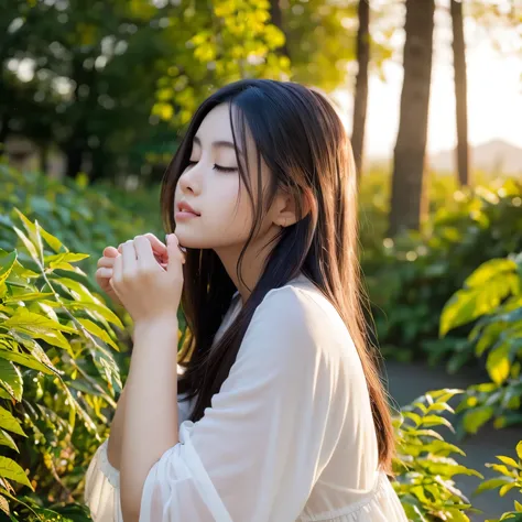 A breathtakingly beautiful 20-year-old woman stands in a lush green park at sunset, bathed in the warm golden light of the evening sun. Facing forward, her eyes gently closed, cheeks slightly flushed, and her face tilted upward as if anticipating a kiss, s...