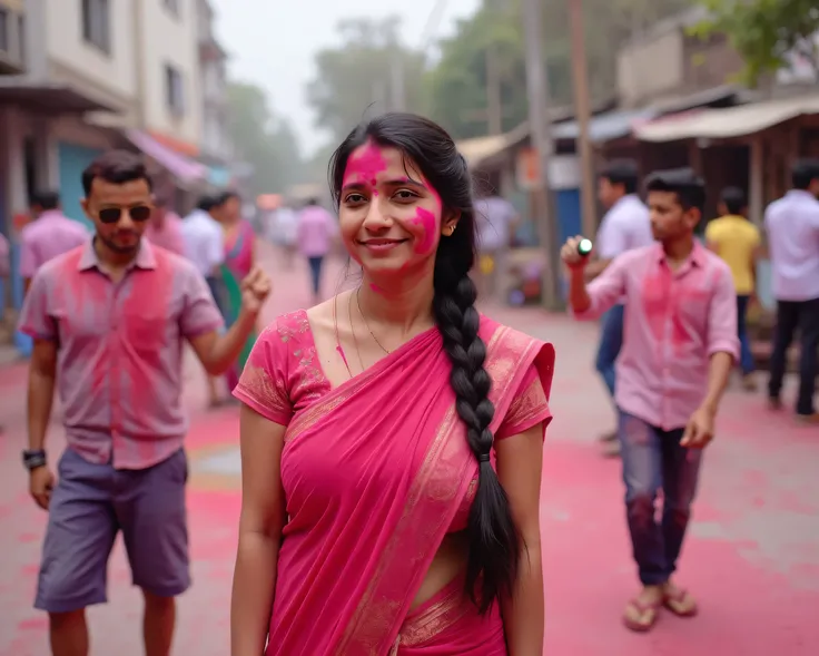 Indian women, wearing Saree, 36 years old, Indian women, long braided hair, play ground ,busy indian street in the background,colors on her face and body, one 18 year old man on her left and another 20 year old man on right with water color sprinklers ,cel...