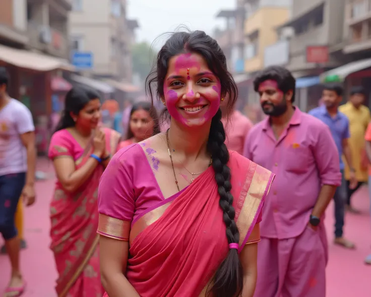 Indian women, wearing Saree, 36 years old, Indian women, long braided hair, play ground ,busy indian street in the background,colors on her face and body, playing with 18 years old men ,celebrating holi and playing with colors using water color sprinklers