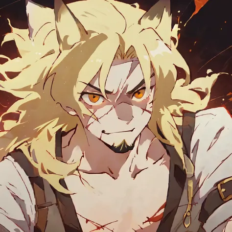 dogfolk, dog head, spiky hair, raised ears, dog person, anime style, hound, long hair, solo, 1guy , red aura, knuckle busters, fighter, gangleader, godspeed, brown eyes, blonde fur, everstar, rex, scars, stitches, bandages, crooked smile, scarred face, rag...